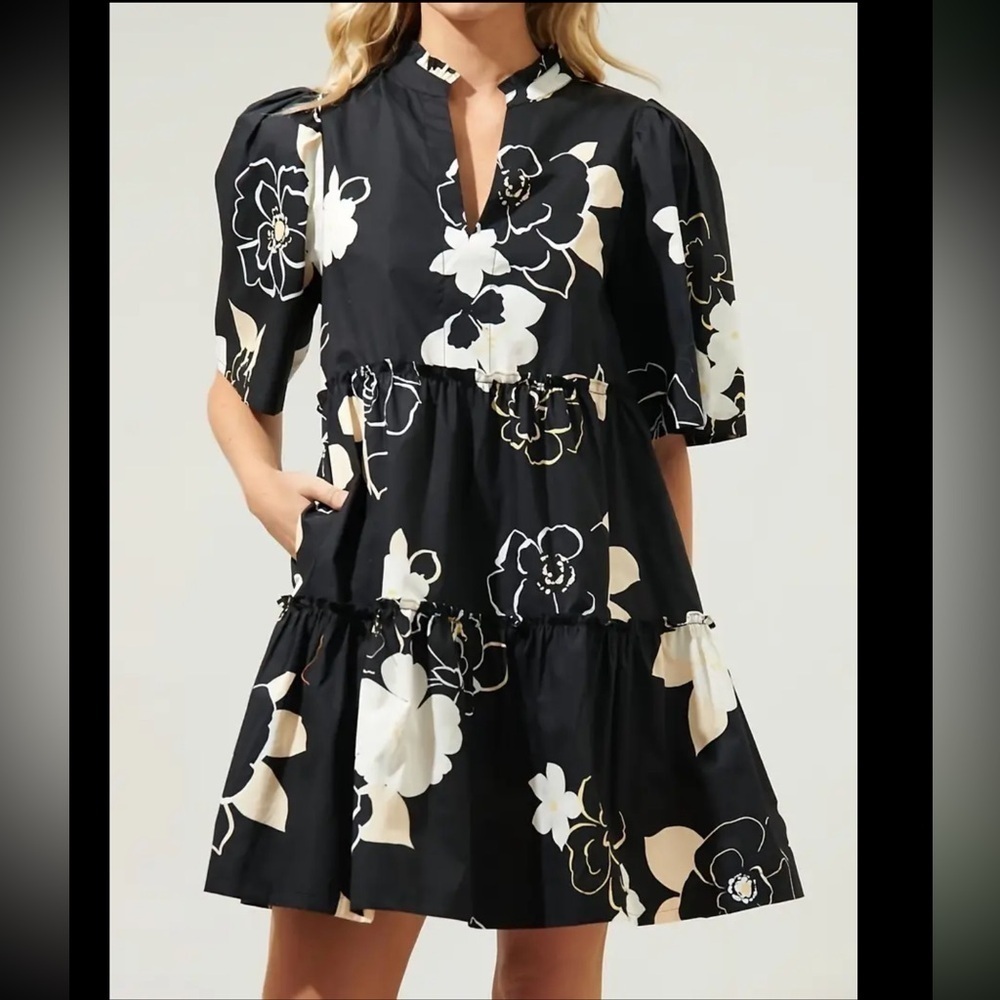 Floral Notch Neck Dress with Elegant Puff Sleeves - Flowy Ruffle Hem